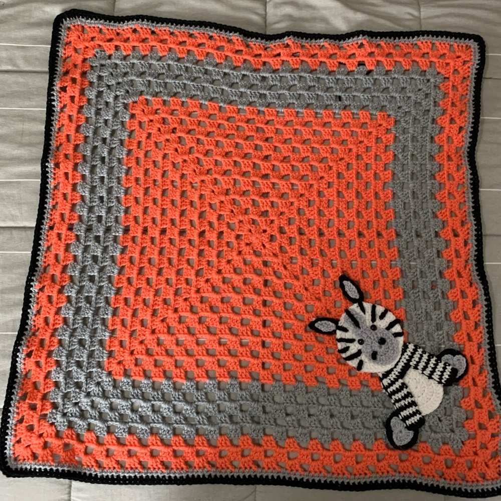 Handmade Crochet Granny Square Baby / Lap Blanket with Zebra Appliqué